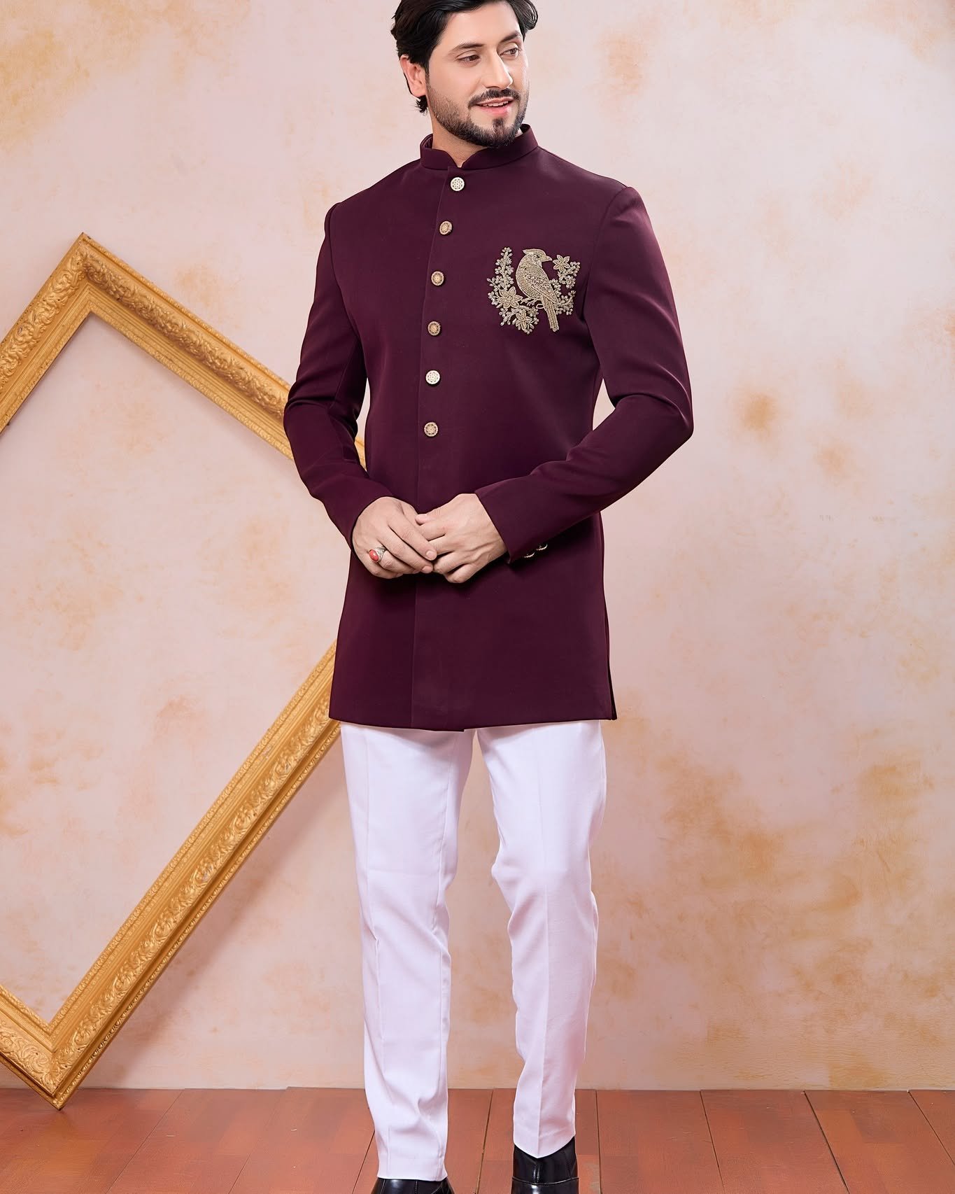 Elevate your ethnic style with this elegant Wine Short Length Indo Western for Men A perfect blend of modern sophistication and traditional craftsmanship, designed for weddings, receptions, engagement ceremonies and premium party occasions.